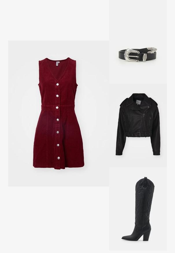 Veste en cuir noir coupée avec fermeture éclair, épaulettes, et poches latérales. Présente une taille ceinturée et une texture lisse.; ONLY ONLMOXIE DRESS - Robe de jour - cabernet; Zign by Zalando LEATHER - Bottes de cowboy / motard - black; Ceinture en cuir noir avec une grande boucle en métal argenté dotée de détails complexes et d'accents décoratifs à chaque extrémité.