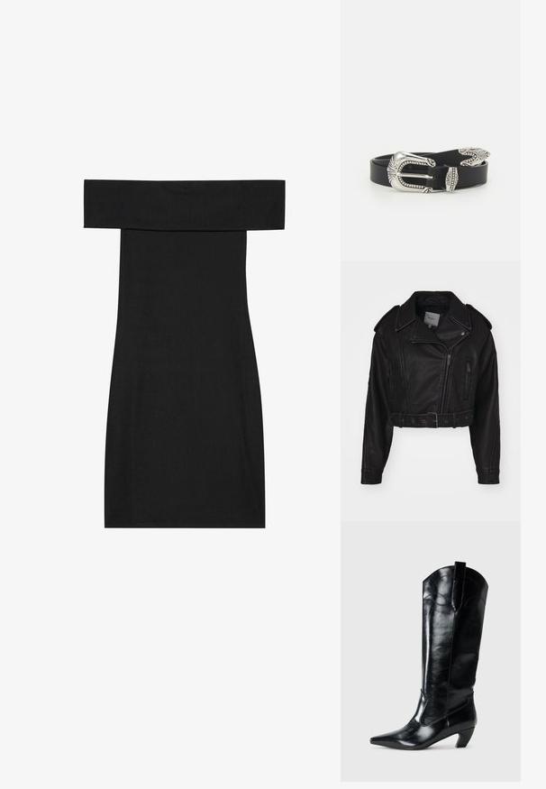 Chaqueta de cuero negro recortada con cierre de cremallera, hombreras y bolsillos laterales. Presenta una cintura ceñida con cinturón y una textura suave.; Vestido negro sin mangas, hecho de tela acanalada. El diseño presenta una forma ajustada y un dobladillo recto, enfatizando una textura suave.; Botas de cuero negras hasta la rodilla con punta afilada, tacón bajo y detalle de costura decorativa en los laterales. Acabado suave y brillante.; Cinturón de cuero negro con una gran hebilla de metal plata que presenta un detallado intrincado y acentos decorativos en ambos extremos.