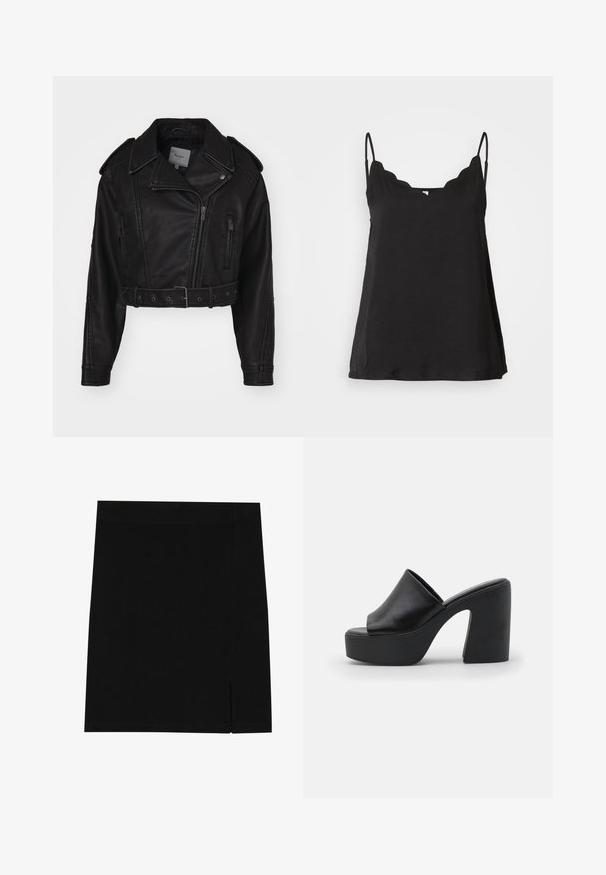 Veste en cuir noir coupée avec fermeture éclair, épaulettes, et poches latérales. Présente une taille ceinturée et une texture lisse.; Top cami noir à volants avec fines bretelles, texture douce et coupe ample. Doté d'un décolleté légèrement arrondi et d'un design simple.; Mini-jupe noire en tissu doux avec une coupe ajustée, présentant une légère fente sur le côté pour plus de style.; Mules à talons hauts noirs avec une tige en cuir lisse et une semelle plateforme épaisse, présentant une ouverture à l'avant et un design de talon bloc angulé.