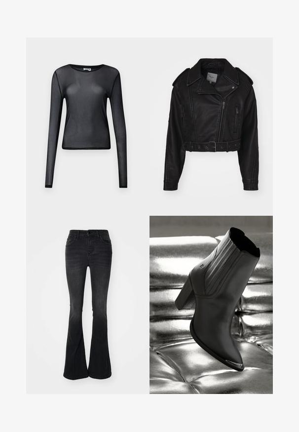 Chaqueta de cuero negro recortada con cierre de cremallera, hombreras y bolsillos laterales. Presenta una cintura ceñida con cinturón y una textura suave.; Top negro de manga larga transparente de malla con cuello redondo y silueta ajustada, exhibido sobre un fondo liso.; Pantalones vaqueros de corte acampanado en negro, confeccionados en denim, con un diseño de cintura alta, bolsillos frontales, cierre de botón y un acabado limpio en el dobladillo.; Botín de piel negra hasta el tobillo con un tacón alto, con costuras verticales y un acento plateado brillante en la puntera, sobre un fondo metálico.