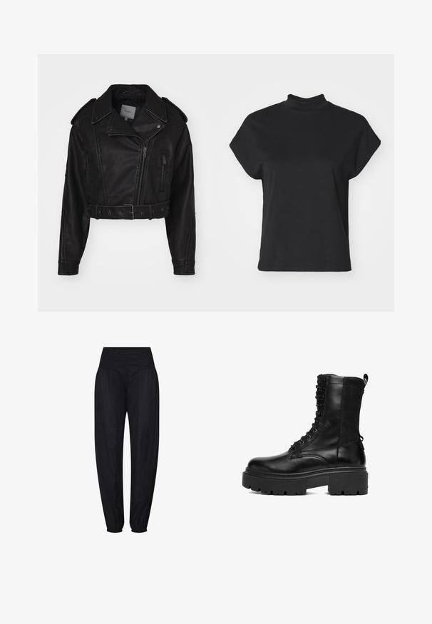 Chaqueta de cuero negro recortada con cierre de cremallera, hombreras y bolsillos laterales. Presenta una cintura ceñida con cinturón y una textura suave.; Camiseta negra de manga corta con cuello alto, hecha de un textil suave, con un corte holgado y un dobladillo recto.; Pantalones negros de tiro alto con cintura fruncida y puños elásticos recogidos, ajuste suelto en las caderas y piernas estrechas.; Bota de combate de cuero negro con suela gruesa con tacos, costuras laterales, cordones en la parte delantera y panel de tela en la parte trasera.