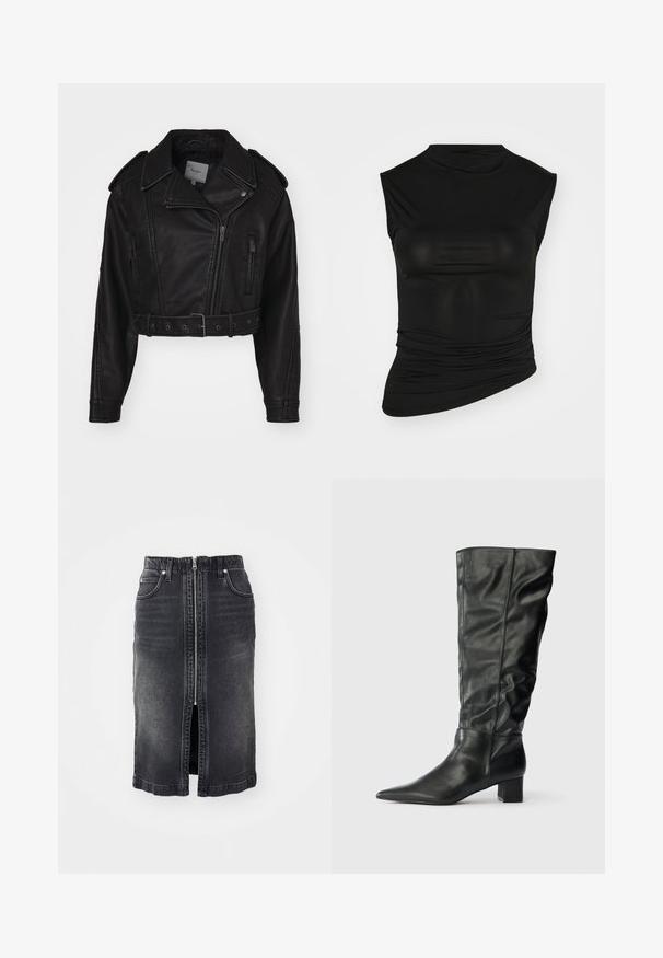 Chaqueta de cuero negro recortada con cierre de cremallera, hombreras y bolsillos laterales. Presenta una cintura ceñida con cinturón y una textura suave.; Top negro sin mangas con cuello alto, hecho de una tela suave. Presenta detalles fruncidos en un lado y una silueta ajustada.; Falda de mezclilla negra con cremallera frontal, dos bolsillos laterales, diseño de longitud media y un ligero desgaste. Presenta un corte recto y bordes dobladillos.; Botas de cuero negras hasta la rodilla que presentan una punta afilada, un eje caído y un tacón cuadrado. Textura suave con costuras mínimas visibles.