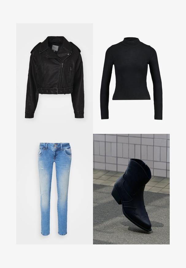 Chaqueta de cuero negro recortada con cierre de cremallera, hombreras y bolsillos laterales. Presenta una cintura ceñida con cinturón y una textura suave.; Top negro de manga larga y cuello alto, hecho de tela acanalada, con un diseño ajustado y silueta esbelta. Sin patrones ni acentos.; Jeans de mezclilla azul con un ajuste ajustado, que presentan un ligero desgaste, dos bolsillos delanteros y detalles ligeramente desgastados cerca de las rodillas.; Botín de cuero negro con tacón bajo, costuras decorativas y punta afilada, colocado de pie sobre una superficie pavimentada junto a una pared con azulejos.