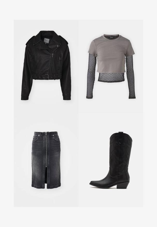 Chaqueta de cuero negro recortada con cierre de cremallera, hombreras y bolsillos laterales. Presenta una cintura ceñida con cinturón y una textura suave.; Camiseta gris cortada con mangas cortas y mangas largas de malla negra con un patrón de diamantes y dobladillo festoneado.; Falda de mezclilla negra con cremallera frontal, dos bolsillos laterales, diseño de longitud media y un ligero desgaste. Presenta un corte recto y bordes dobladillos.; Bota de cowboy de cuero negro con puntera puntiaguda, tacón bajo y apilado, y un intrincado patrón de hojas grabado en el eje. Asa en la parte superior para facilitar el uso.
