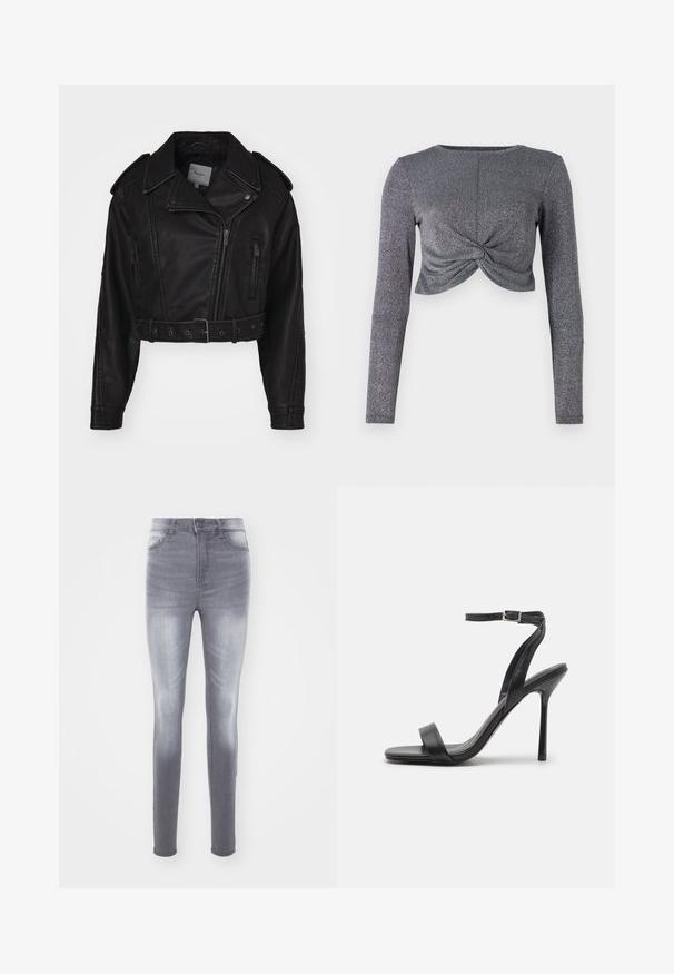 Afklippet sort læderjakke med lynlås, skulderepauleter og sidelommer. Har en bælte i taljen og en glat tekstur.; Sølv langærmet cropped top med snoet frontdesign, der har et struktureret, glitrende stof for ekstra glans og dimension.; Slanke jeans i falmet grå denim, med høj talje, standard fem-lomme design og subtile slidmærker foran.; Sort højhælet sandal med en slank ankelrem og to forreste bånd. Lavet af glat læder med en slank spids tå og stilettohæl.