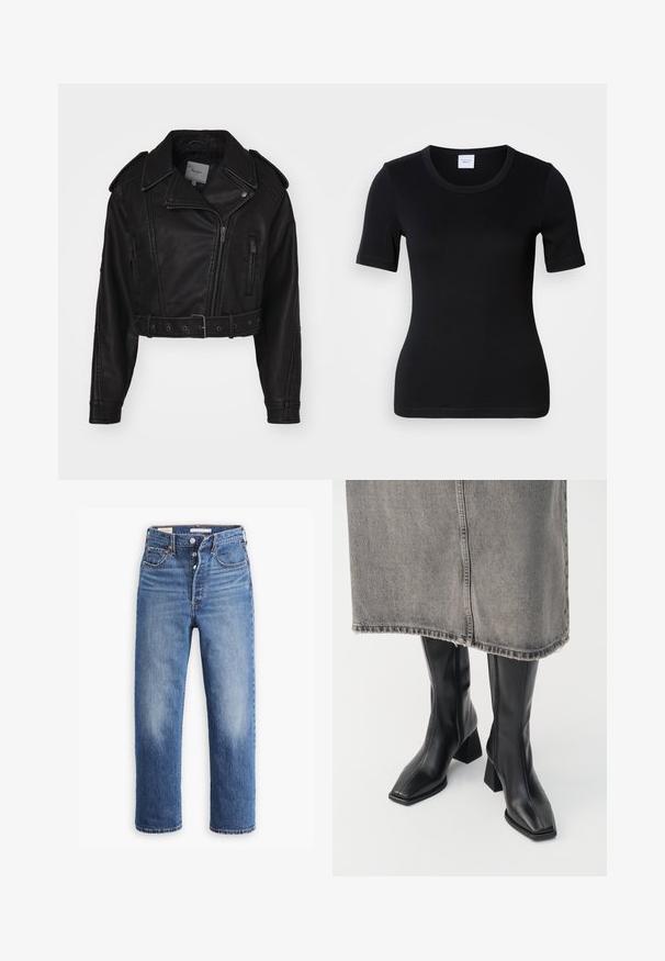 Kort zwart leren jack met ritssluiting, schouderepauletten en zijzakken. Beschikt over een tailleriem en een gladde textuur.; Zwart T-shirt met korte mouwen gemaakt van zacht katoen. Heeft een ronde halslijn en een slanke pasvorm met minimale stiksel details.; Blauwe denim jeans met een hoge taille, rechte pijpen en vervaagde delen. Voorzien van voorzakken en metalen details.; Zwarte laarzen tot de knie van soepel leer met een vierkante neus en blokhak. Draag ze met een grijze denim rok met een rafelige zoom.