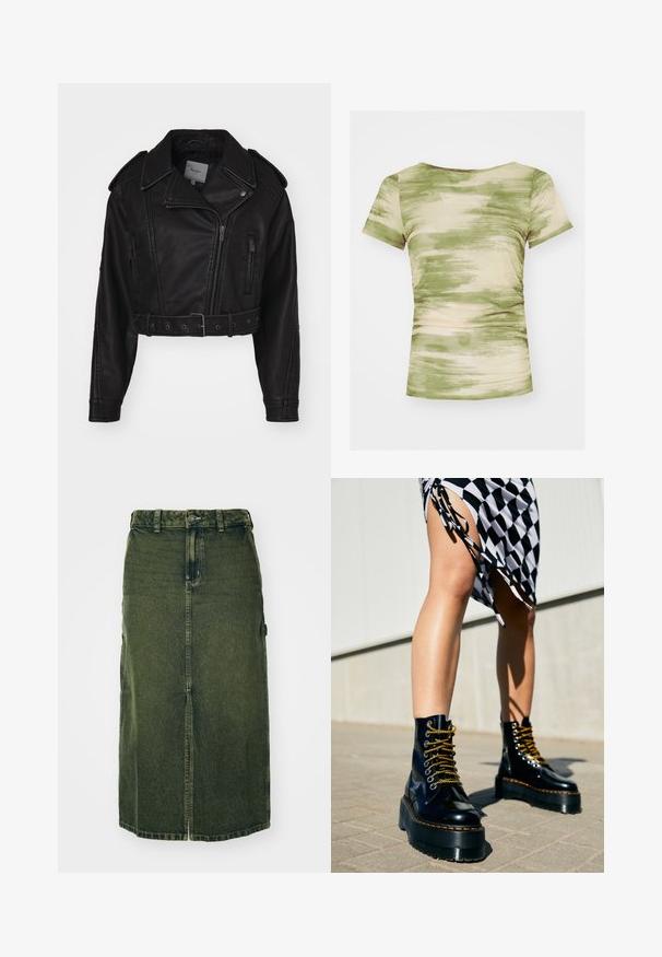 Gekürzte schwarze Lederjacke mit Reißverschluss, Schulterepauletten und Seitentaschen. Mit einem taillierten Bund und glatter Textur.; Noisy May NMLESLEY RUCHING - T-Shirt print - eggnog/kalamata desert; Grünes Denim-Kleid mit mittellangem Schnitt, vorderem Schlitz, Knopfschluss und Gürtelschlaufen. Die Textur ist leicht verblasst, mit Seitentaschen.; Schwarze Leder-Plateau-Stiefel mit klobigen Sohlen, goldenen Schnürsenkeln und orangefarbenen Nähten, kombiniert mit einem karierten Rock, der einen seitlichen Schlitz zeigt.