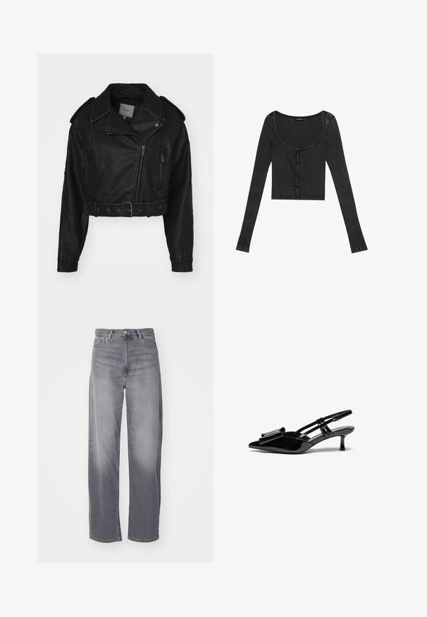 Afklippet sort læderjakke med lynlås, skulderepauleter og sidelommer. Har en bælte i taljen og en glat tekstur.; Sort ribbet langærmet cropped top med en scoop halsudskæring, knaplukning foran og tekstureret stof. Har subtile lodrette striber.; Weekday RAIL MID LOOSE STRAIGHT - Jeans Straight Leg - misty grey; Sorte patenterede læderslingbacks med spids tå, en sløjfedetalje foran og en lille stilettohæle. Remmene har justerbare spænder.