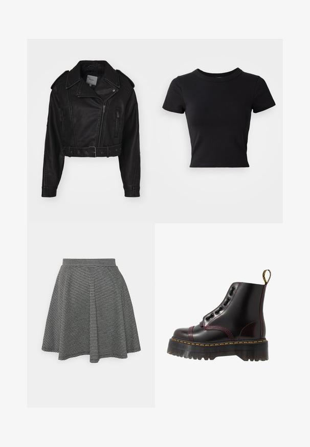 Kort zwart leren jack met ritssluiting, schouderepauletten en zijzakken. Beschikt over een tailleriem en een gladde textuur.; Zwart cropped t-shirt van stevige katoen, met korte mouwen en een ronde halslijn, met een glad en eenvoudig ontwerp.; Zwart-witte geblokte skaterrok met een strakke tailleband en een uitlopende zoom, gemaakt van textuurstof die een klassiek patroon toont.; Dr. Martens SINCLAIR - Enkellaarsjes met plateauzool - cherry red arcadia