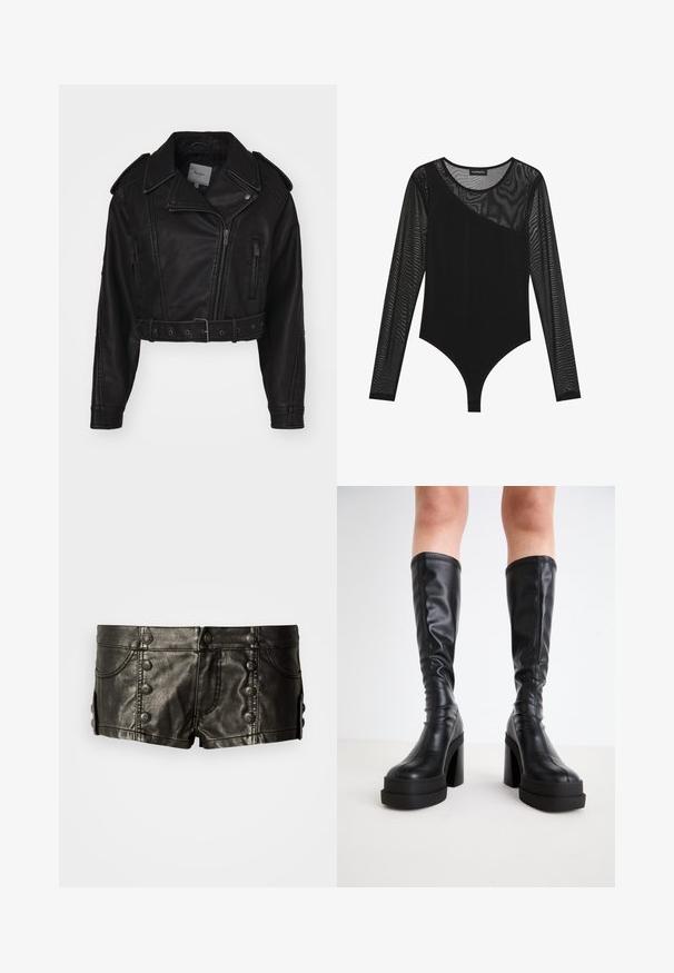 Gekürzte schwarze Lederjacke mit Reißverschluss, Schulterepauletten und Seitentaschen. Mit einem taillierten Bund und glatter Textur.; Schwarzer Body mit langen, transparenten Netzärmeln, tailliertem Design, asymmetrischem Ausschnitt und einem glatten, undurchsichtigen Unterteil.; Schwarze Leder-Low-Rise-Shorts mit dekorativen Metallknöpfen vorne und an den Seiten, mit Fronttaschen und Nahtdetails.; Schwarze knöchelhohe Stiefel aus glattem Leder, ausgestattet mit einer dicken Plateausohle und einem Blockabsatz, mit genähten Details entlang der Kanten.