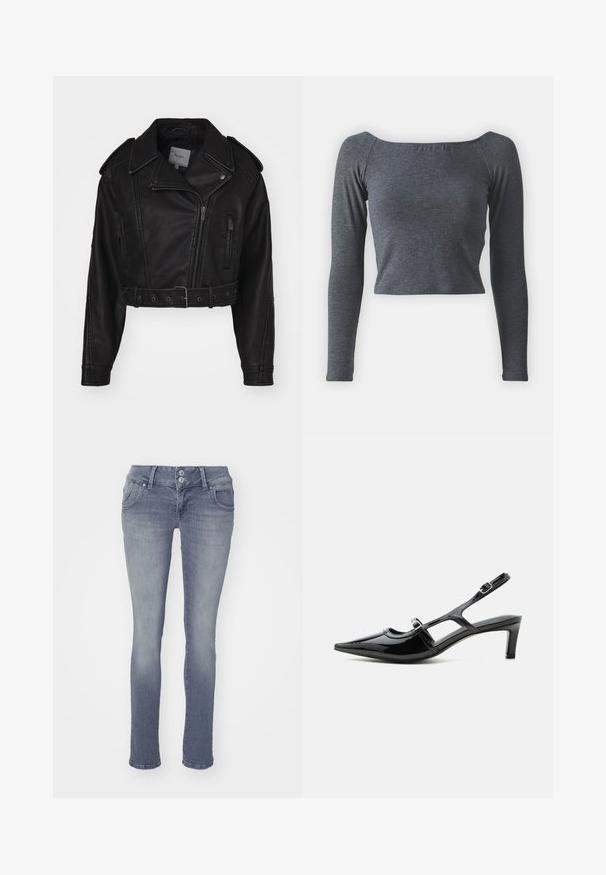 Chaqueta de cuero negro recortada con cierre de cremallera, hombreras y bolsillos laterales. Presenta una cintura ceñida con cinturón y una textura suave.; Top gris de manga larga y cropped, hecho de una tela suave con escote cuadrado y un diseño ajustado. Sin patrones ni adornos visibles.; Jeans ajustados en denim azul claro, con un diseño clásico de cinco bolsillos, cierre de dos botones y un ligero desvanecimiento en la parte delantera.; Zapato slingback de charol negro con punta puntiaguda, tacón bajo y dos correas ajustables con hebillas, mostrado de perfil lateral.
