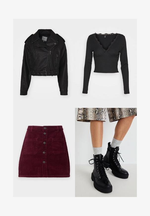 Gekürzte schwarze Lederjacke mit Reißverschluss, Schulterepauletten und Seitentaschen. Mit einem taillierten Bund und glatter Textur.; ONLY ONLTALIA - Langarmshirt - black; Burgunderrote Cord-Rock mit hoher Taille, fünf vorderen Knöpfen und zwei vorderen Taschen; strukturierter Stoff mit vertikalen Rippungen.; Steve Madden GUSTO - Plateaustiefelette - black