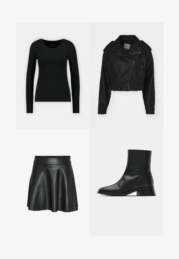 Chaqueta de cuero negro recortada con cierre de cremallera, hombreras y bolsillos laterales. Presenta una cintura ceñida con cinturón y una textura suave.; Camisa negra de manga larga hecha de tela acanalada. Presenta un escote redondo y una silueta ajustada. Diseño simple sin patrones ni acentos.; Falda negra de cuero sintético con diseño acampanado en línea A, que presenta una textura lisa y brillante y una pretina ajustada.; Botín negro de tobillo hecho de cuero brillante, con un diseño elegante, punta afilada y un tacón bloque moderado para mayor estabilidad.