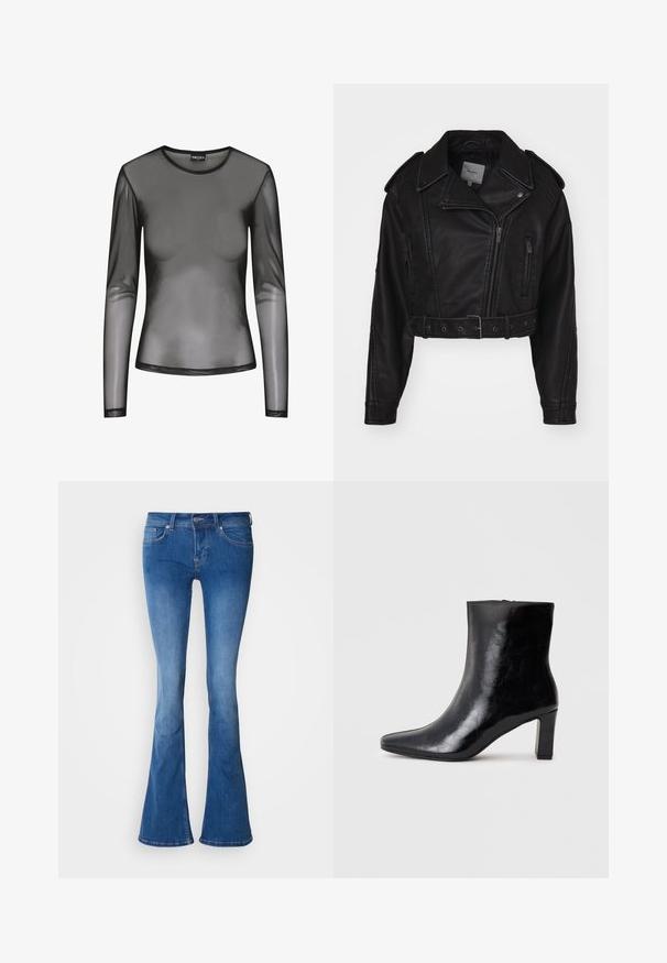 Kort zwart leren jack met ritssluiting, schouderepauletten en zijzakken. Beschikt over een tailleriem en een gladde textuur.; Zwart langmouwig mesh-shirt met een ronde halslijn, gemaakt van doorschijnende stof en een aansluitende pasvorm. De randen zijn afgewerkt met zwarte stiksels.; Blauwe denim flared jeans met een mid-rise taille, contrasterend stiksel en een klassiek ontwerp met vijf zakken. Gladde textuur, lichte vervaging aan de voorkant.; Zwarte enkellaars gemaakt van glanzend leer, met een puntige neus en een gemiddelde blokhak, voorzien van een gladde textuur en een eenvoudig ontwerp.