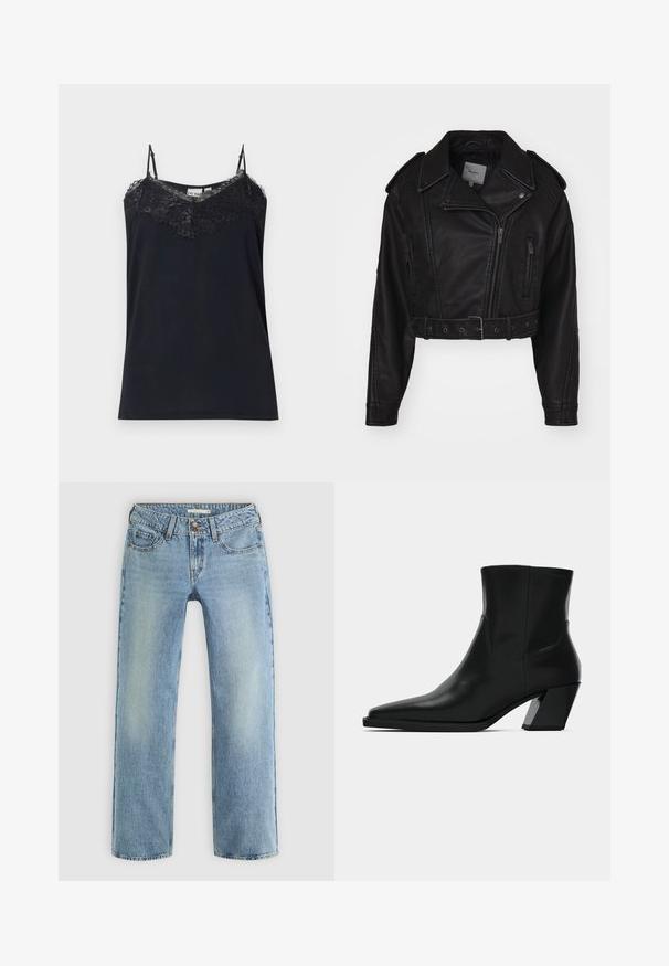 Veste en cuir noir coupée avec fermeture éclair, épaulettes, et poches latérales. Présente une taille ceinturée et une texture lisse.; Camisole noire avec des bretelles fines et ajustables, et un bord en dentelle le long du décolleté. Texture lisse, forme ajustée, et bords en dentelle effilochés.; Jeans droits bleu clair en denim, dotés d'une fermeture à bouton, de cinq poches et d'un léger dégradé le long des jambes.; Bottine en cuir noir avec un bout pointu, une silhouette élégante et un talon carré massif. Texture lisse avec des détails de couture minimalistes.