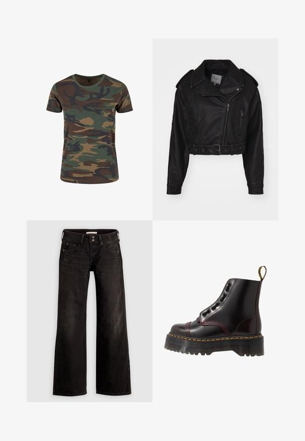 Kort zwart leren jack met ritssluiting, schouderepauletten en zijzakken. Beschikt over een tailleriem en een gladde textuur.; Camouflage T-shirt in groen, bruin en zwart. Korte mouwen, ronde hals, zachte textuur en een klassieke pasvorm met een patroon van organische vormen.; Zwarte wijde jeans met een licht vervaagde afwerking, voorzien van voorzakken, een ritssluiting en een knoopsluiting. Gemaakt van denim stof.; Dr. Martens SINCLAIR - Enkellaarsjes met plateauzool - cherry red arcadia