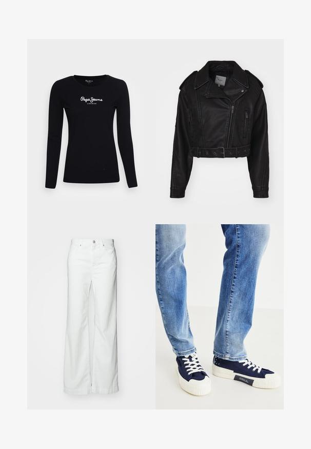 Kort zwart leren jack met ritssluiting, schouderepauletten en zijzakken. Beschikt over een tailleriem en een gladde textuur.; Zwarte langwerpige T-shirt van katoen, met een ronde halslijn en een wit "Pepe Jeans LONDON" logo in het midden.; Witte wijde denims met hoge taille, voorzien van een voorste knoop en ritssluiting, en vijf zakken. De stof heeft een gladde, stevige textuur.; Marineblauwe canvas sneakers met witte rubberen zolen en veters. Opvallende witte strepen op de zool en een patroonaccent bij de hiel.