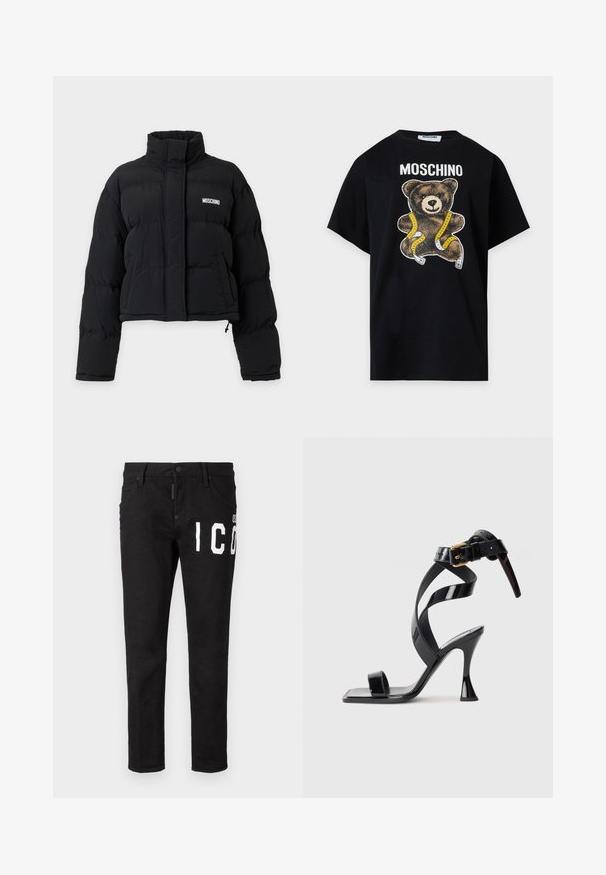 Sort cropped puffjakke med høj krave, lange ærmer, frontlommer og hvidt Moschino-logo på brystet.; Sort Moschino t-shirt med en teddybjørn indhyllet i gul og hvid målebånd trykt under mærkenavnet.; Sorte denim jeans med slim fit. Har hvid grafisk tekst på fronten, fem lommer og knaplukning. Glat tekstur.; Sorte patentlæder højhælede sandal med firkantet tå, ankelrem og guldlås på hvid baggrund.