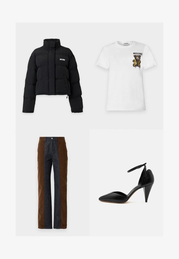 Zwarte cropped donsjacket met hoge kraag, lange mouwen, voorzakken en een wit Moschino-logo op de borst.; Witte T-shirt met korte mouwen met een klein bruin teddybeertje gewikkeld in een gele meetlint en de tekst "MOSCHINO" op de bovenste linkerborst.; Deze corduroy en denim broeken zijn voorzien van verticale paneelindelingen in donkerbruin en marineblauw, hebben een rechte pasvorm en een standaard vijf-pocketontwerp.; Zwarte leren pump met spitse neus, enkelriem en kegelvormige hak op een witte achtergrond.