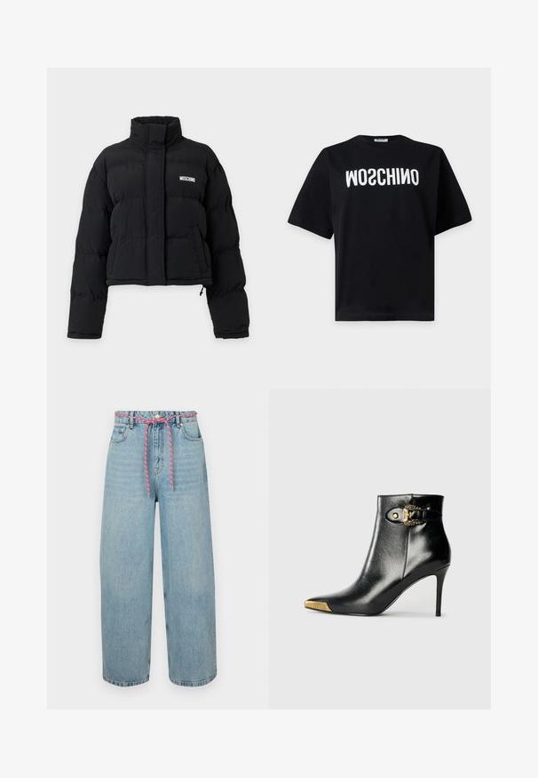 Čierna krátka prešívaná bunda s vysokým golierom, dlhými rukávmi, prednými vreckami a bielym logom Moschino na hrudi.; Čierne tričko s krátkym rukávom s bielym obráteným textom "MOSCHINO" potlačeným na hrudi tučnými veľkými písmenami.; Svetlomodré denimové nohavice so širokými nohavicami a vysokým pásom, so šiškou zo starej ružovej šnúrky a piatimi vreckami. Autentická vyblednutá textúra.; Čierna členková čižma z lesklej kože s špicatou špičkou, ihličkovým podpätkom a zlatými ozdobami vrátane dekoratívnej prackovej detaily.