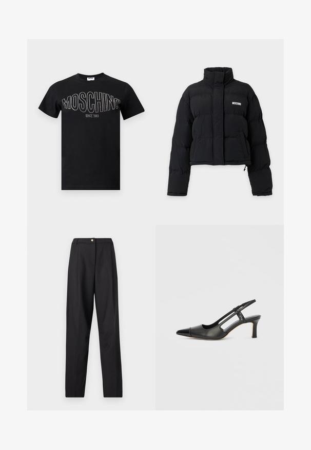 Veste matelassée noire courte avec col montant, manches longues, poches avant et logo blanc Moschino sur la poitrine.; T-shirt en coton noir avec un col rond et des manches courtes. "MOSCHINO" en strass sur la poitrine, avec "SINCE 1983" en dessous.; Pantalon noir taille haute, coupe droite, avec une fermeture à bouton unique en or à la taille.; Chaussure à bride arrière en cuir noir avec bout pointu, dotée d'un accent brillant sur le bout et d'un talon de hauteur moyenne. Design latéral ouvert.