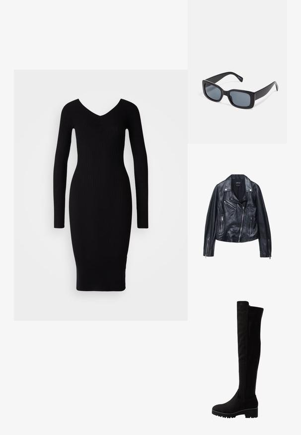 Veste de moto en cuir noir avec un col à revers, fermeture éclair frontale asymétrique et plusieurs poches zippées. Texture lisse et design ajusté.; Robe noire en maille côtelée à manches longues avec un décolleté en V, silhouette ajustée et longueur au genou. Texture lisse, sans motifs ni embellissements visibles.; Bottes noires au-dessus du genou en suede doux avec une semelle plate, dotées d'un bout rond et de panneaux élastiques sur les côtés pour un enfilage facile.; Lunettes de soleil rectangulaires noires avec des verres teintés foncés, monture en plastique épaisse et branches larges. Surface lisse et design angulaire.