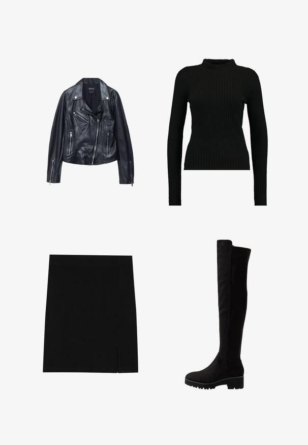Zwarte leren motorjack met een geknipt kraag, asymmetrische rits aan de voorkant en meerdere ritszakken. Soepele textuur en getailleerd ontwerp.; EDITED JANNICE JUMPER - Trui - black; Zwarte mini rok gemaakt van zachte stof met een aansluitend ontwerp, met een lichte inkeping aan de zijkant voor extra detail.; Zwarte over-de-knie laarzen van zachte suede met een platte zool, voorzien van een ronde neus en elastische zijpanelen voor gemakkelijk aan- en uittrekken.