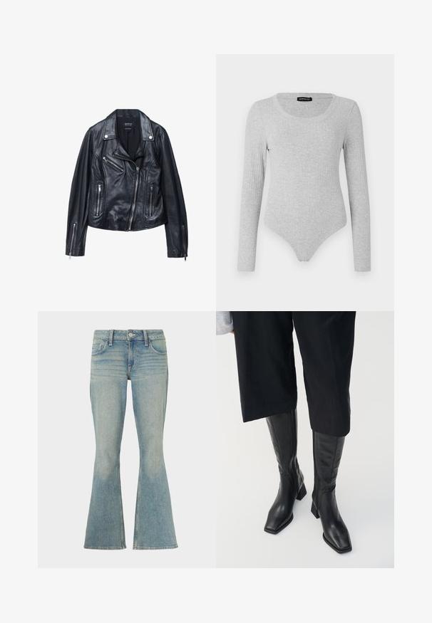 Sort lædermotorcykeljakke med en klippet krave, asymmetrisk frontzipper og flere lynlåsede lommer. Glat tekstur og tætsiddende design.; Langærmet bodysuit i lysegrå ribbet stof, med en scoop-udskæring og en tætsiddende silhuet samt en thong-style bund.; Lyseblå vide jeans lavet af denim med en slidt finish, fem lommer og lynlås med knaplukning.; Sorte læder støvler til knæene med firkantet tå og blokhælc. Har en sidezipper og glat tekstur.