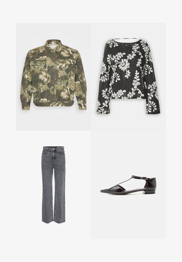 Militærinspireret skjortejakke i grøn camouflageprint. Har nitter på kraven og manchetterne, med to brystlommer og lange ærmer.; Sort langærmet top med hvid blomsterbroderi, rund halsudskæring, tekstureret stof og en boxy silhuet.; Grå denimjeans i høj talje og med lige ben, med frontknap, lynlåslukning og klassisk design med fem lommer.; Sort patentlæder lavhælet sko med spids tå og T-rem med spænde, vist i sideprofil mod en ensfarvet baggrund.