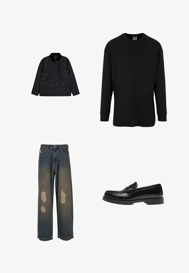 Sort quiltet jakke med et kordfløjlskrab, front knaplukning, to sidelommer og en glat tekstur.; Sort langærmet T-shirt lavet af bomuld, med rund halsudskæring og ribbede manchetter. Glat tekstur, enkelt design uden mønstre.; Fadede blå denimjeans med bred benvidde, der har slidte lapper og trådsnitsede kanter. Metalknap og lynlås lukning, med forlommer.; Sort læderloafer med en kraftig gummisål og klassiske penny-strap detaljer, vist fra ydersiden.