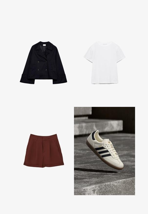 Mørkeblå kort jakke med dobbeltknaplukning, stor krave, brede ærmer og to frontlommer, lavet af et glat stof.; Hvid, kortærmet T-shirt med rund hals og lige kant, vist på en hvid baggrund.; Bordeaux shorts lavet af et glat stof, med et klassisk design med flad front, sidelommer og optrukket kant.; Hvid Adidas Samba sneaker med sorte striber og gummsål, svævende over teksturerede grå betonstrin.