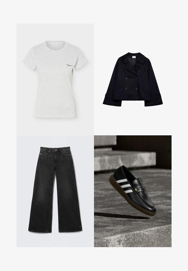 Chaqueta corta de un profundo azul marino con un frente de doble botonadura, gran cuello, mangas amplias y dos bolsillos delanteros, confeccionada en una tela suave.; Camiseta de manga corta de color gris claro con tejido acanalado, cuello redondo y pequeño logo negro de "Pepe Jeans" en el lado izquierdo del pecho.; Vaqueros negros de pierna ancha con cinco bolsillos y cierre de botón, mostrados planos sobre un fondo claro.; Mocasín de cuero negro con rayas blancas y suela marrón, colocado sobre escaleras de hormigón que proyectan una sombra en el suelo.