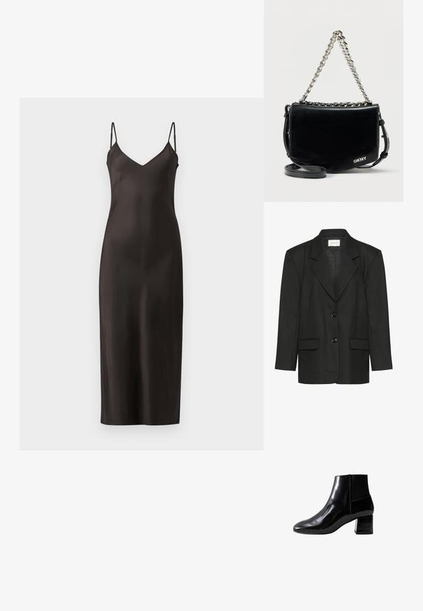Schwarzer Blazer mit taillierter Passform, spitzen Revers, zwei Knöpfen und zwei Vordertaschen, gefertigt aus einem glatten, strukturierten Stoff.; Schwarzes Satin-Nachthemd mit dünnen verstellbaren Trägern, V-Ausschnitt und geradem, bodenlangem Schnitt. Glatte Textur und minimalistisches Design.; Schwarze Leder-Stiefelette mit glänzender Oberfläche, spitz zulaufender Zehenpartie und mittelhohem Blockabsatz. Mit elastischen seitlichen Einsätzen für einen einfachen Einstieg.; Schwarze Umhängetasche aus Lackleder mit silberner Kettenriemen und abnehmbarem Schulterriemen, schlichtes Design mit DKNY-Logo.