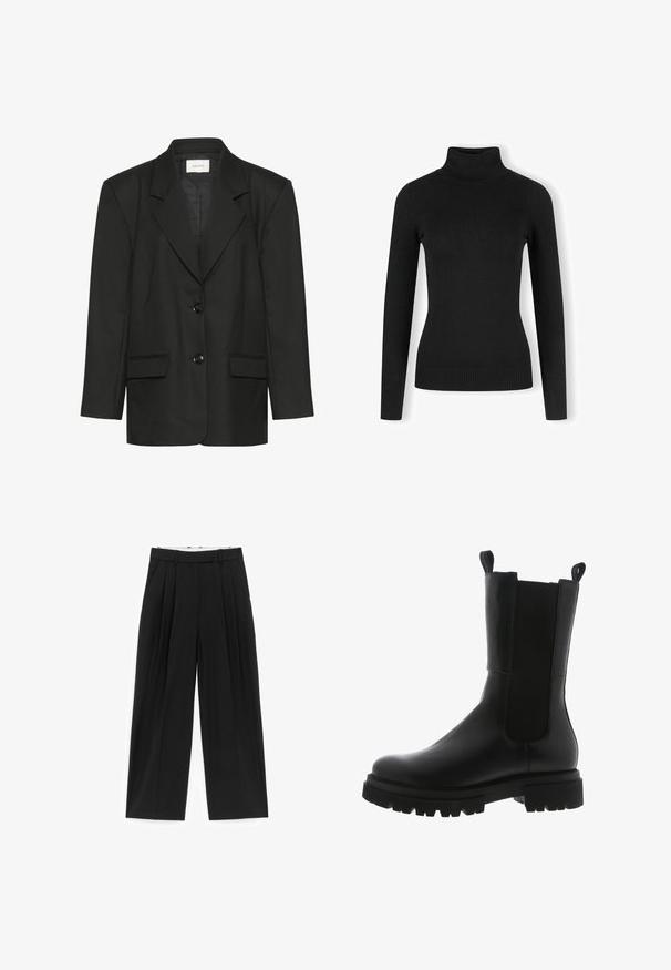Sort blazer med skræddersyet pasform, spidse revers, to knapper og to forlommer, lavet af et glat, struktureret stof.; Sort rullekrave sweater lavet af et glat strikmateriale, med lange ærmer og ribkantede manchetter og kant for et tætsiddende look.; Sorte bukser med vide ben, frontplisseringer, bæltestropper og sidelommer, designet til en skræddersyet pasform.; Sorte læder ankelstøvler med et slankt design, elastiske sidepaneler, grebsløkker og en kraftig gummisål med et takkede mønster.