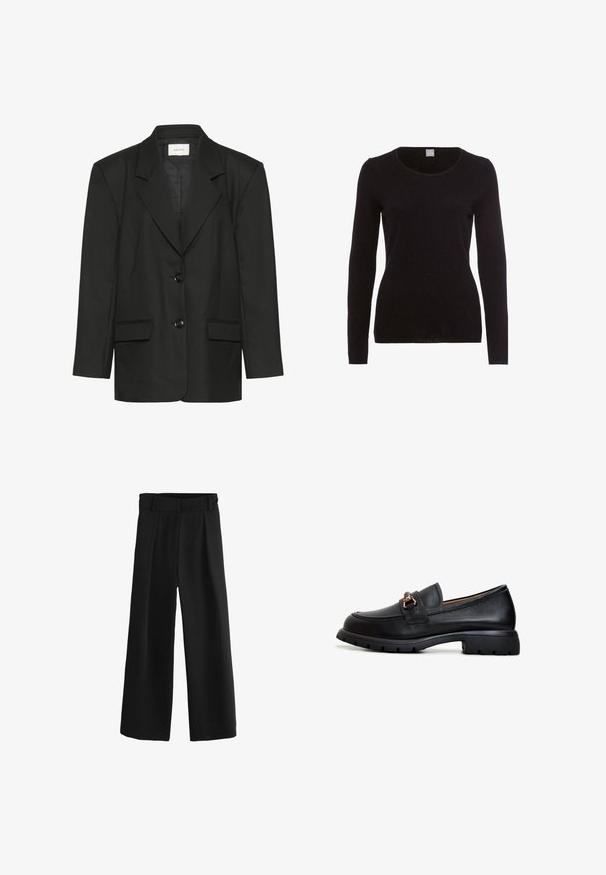 Sort blazer med skræddersyet pasform, spidse revers, to knapper og to forlommer, lavet af et glat, struktureret stof.; FTC Cashmere Striktrøje - moonless night; Sorte buks i vid model med plisseret forside, elastisk talje og glat materiale. Har en afslappet pasform, der går til anklen.; Sort læder loafersko med rund tå, dekorativt guldsmykke og en robust gummisål med et struktureret grebmønster.