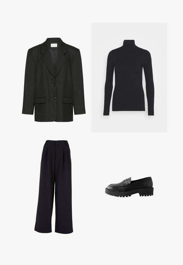Sort blazer med skræddersyet pasform, spidse revers, to knapper og to forlommer, lavet af et glat, struktureret stof.; Sort ribbet rullekravesweater med lange ærmer og en tætsiddende silhuet. Teksturen er glat med et vandret ribmønster.; Bredde bukser i sort stof med frontpliser, knaplukning og en glat overflade. Skræddersyet design med høj talje.; Sort læder loafer med rund tå, hævet sømdetalje og kraftig gummisål med dybe riller for bedre greb.