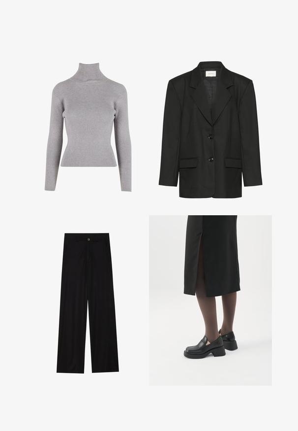 Sort blazer med skræddersyet pasform, spidse revers, to knapper og to forlommer, lavet af et glat, struktureret stof.; Grå turtleneck sweater med ribbet tekstur, tætsiddende design og lange ærmer. Glat materiale med en let strækbar kvalitet.; Bredde ben sorte bukser lavet af et glat stof, med forlommer og knaplukning i taljen. Minimalistisk design uden mønstre.; Kvinde iført sorte loafers med chunky hæl, sorte tynde strømpebukser og en sort nederdel med slids bagpå på hvid baggrund.