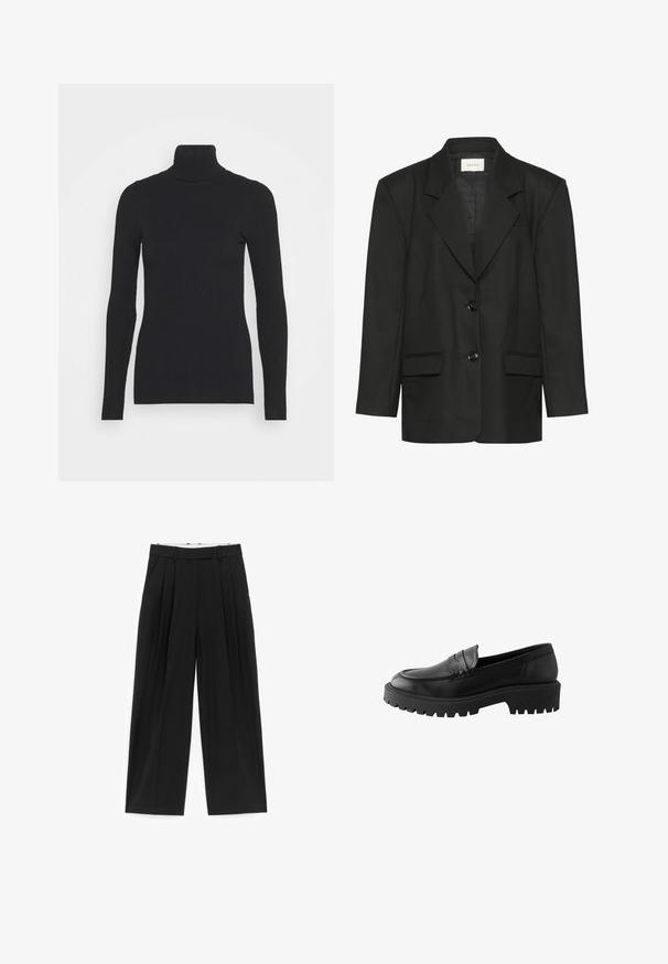 Blazer noir à coupe ajustée, revers crantés, deux boutons et deux poches avant, fabriqué dans un tissu lisse et texturé.; Pull noir à col roulé côtelé, doté de longues manches et d'une silhouette près du corps. La texture est lisse avec un motif de côtes horizontal.; Pantalon noir à jambes larges avec plis sur le devant, passants pour ceinture et poches latérales, conçu pour une coupe ajustée.; Mocassin en cuir noir avec un bout arrondi, détail de couture surélevé, et semelle en caoutchouc épaisse avec des crans profonds pour une meilleure traction.