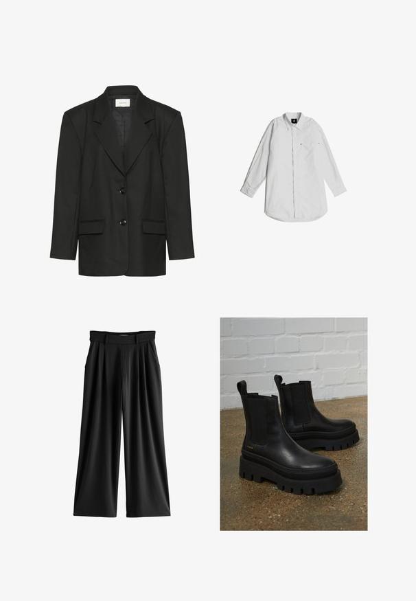 Schwarzer Blazer mit taillierter Passform, spitzen Revers, zwei Knöpfen und zwei Vordertaschen, gefertigt aus einem glatten, strukturierten Stoff.; Weißes Langarmhemd aus leichtem Baumwollstoff. Mit einem Button-down-Kragen, einer Brusttasche und dezenten Stichdetails.; Schwarze weite Hose mit Bügelfalten, Seitentaschen und einem Bund mit Gürtelschlaufen.; Schwarze Lederstiefeletten mit elastischen Seitenteilen, dicke schwarze Plateausohlen und gestickte Details, ausgestattet mit einer Zuglasche für einfaches Anziehen.