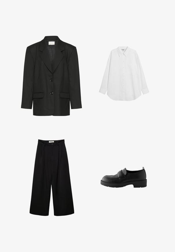 Blazer noir à coupe ajustée, revers crantés, deux boutons et deux poches avant, fabriqué dans un tissu lisse et texturé.; Chemise blanche à manches longues avec un col pointu, une patte de boutonnage et une poche. Fabriquée en tissu léger avec une coupe légèrement décontractée.; Pantalon noir à jambes larges avec taille haute, présentant des plis à l'avant, deux poches latérales et une fermeture par bouton. Texture de tissu lisse.; Mocassins en cuir noir avec un bout rond, dotés d'une bande sur le devant et d'une semelle en caoutchouc texturé pour une meilleure adhérence. Comprend une tirette au talon.