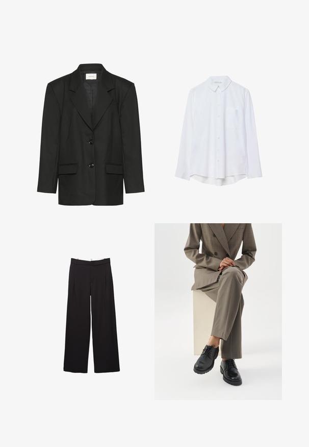 Sort blazer med skræddersyet pasform, spidse revers, to knapper og to forlommer, lavet af et glat, struktureret stof.; Hvid langærmet skjorte med knap-åbning og krave samt en enkelt brystlomme, let buet kant, præsenteret på en hvid baggrund.; Sorte bukser med vide ben, fordele foran og bæltestropper, skræddersyet pasform, talje i mellemhøjde og skjult lukning foran.; Person iført en taupe dragt, der sidder på en hvid blok med benene krydset og viser sorte snørelæder sko på en hvid baggrund.