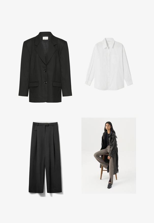 Sort blazer med skræddersyet pasform, spidse revers, to knapper og to forlommer, lavet af et glat, struktureret stof.; Hvid langærmet skjorte med knapper, krave, enkelt brystlomme og manchetter, lavet af glat, let stof.; Løse sorte bukser lavet af stof med en glat tekstur, med plisseringer, sidelomme og en linning med bæltestropper.; Sort læder trench coat med knapper og bælte detalje, parret med lysebrune tætsiddende bukser og sorte loafers, siddende på en træstol.