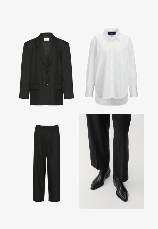 Sort blazer med skræddersyet pasform, spidse revers, to knapper og to forlommer, lavet af et glat, struktureret stof.; Hvid langærmet skjorte i glat bomuld med knapkrave, frontlomme og buet nederkant. Har en rygskulder for ekstra struktur.; Sorte bukser med bred benvidde og skræddersyet design, der har frontfald, en flad talje og to knapdetaljer på taljen.; Sorte læder ankelstøvler med spids tå, glat tekstur og firkantet hæl. Kombinationen med sorte, vide bukser skaber en slank silhuet.