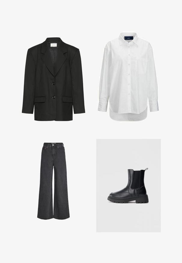 Blazer negro con corte entallado, solapas pico, dos botones y dos bolsillos delanteros, confeccionado en una tela suave y texturizada.; Camisa blanca de manga larga en algodón suave con cuello abotonado, bolsillo frontal y dobladillo curvado. Cuenta con un canesú en la parte posterior para mayor estructura.; Vaqueros negros de tiro alto y pierna ancha con cierre frontal de botón y cremallera, bolsillos delanteros y dobladillos deshilachados.; Botas chelsea negras de cuero liso, con paneles laterales elásticos, una suela gruesa y resistente, y una pestaña en la parte trasera para facilitar el calzado.