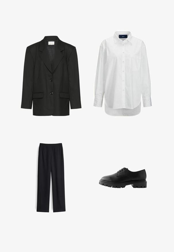 Schwarzer Blazer mit taillierter Passform, spitzen Revers, zwei Knöpfen und zwei Vordertaschen, gefertigt aus einem glatten, strukturierten Stoff.; Weißes Langarmhemd aus glattem Baumwollstoff mit Button-Down-Kragen, Brusttasche und abgerundetem Saum. Verfügt über eine Schulterpasse für zusätzliche Struktur.; Schwarze weite Hose aus glattem Stoff mit elastischem Bund und ohne sichtbare Taschen. Gerade Form mit sauberem Finish.; Schwarzer Lederschuh mit abgerundetem Zehenbereich, sechs Ösen, flachen Schnürsenkeln und einer stabilen Gummisohle mit tiefen Profilmustern.