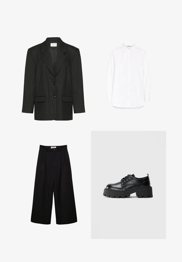 Sort blazer med skræddersyet pasform, spidse revers, to knapper og to forlommer, lavet af et glat, struktureret stof.; Langærmet hvid skjorte med knapper, spids krave og buet kant, vist mod en hvid baggrund.; Sorte bukser med vide ben og høj talje, med forreste læg, to sidelommer og knaplukning. Glat stoftekstur.; Sorte lædersko med rund tå, snøresystem og en kraftig gummisål med dybe slidbaner. Enkel syning langs kanterne.