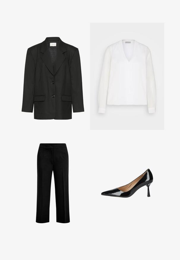 Schwarzer Blazer mit taillierter Passform, spitzen Revers, zwei Knöpfen und zwei Vordertaschen, gefertigt aus einem glatten, strukturierten Stoff.; Weiße Bluse mit langen Ärmeln und V-Ausschnitt, mit einer glatten Textur und subtilen Nahtdetails vorne, gestaltet für einen lockeren Sitz.; Schwarze, weite Hosen aus glattem Stoff mit zwei vorderen Taschen und einem flachen Bund. Maßgeschneiderter Schnitt mit klarer Silhouette.; Schwarzer Lackleder-Pumps mit spitzer Kappe, mittelhohem, geschwungenem Absatz und beigem Innenfutter, vor weißem Hintergrund gezeigt.