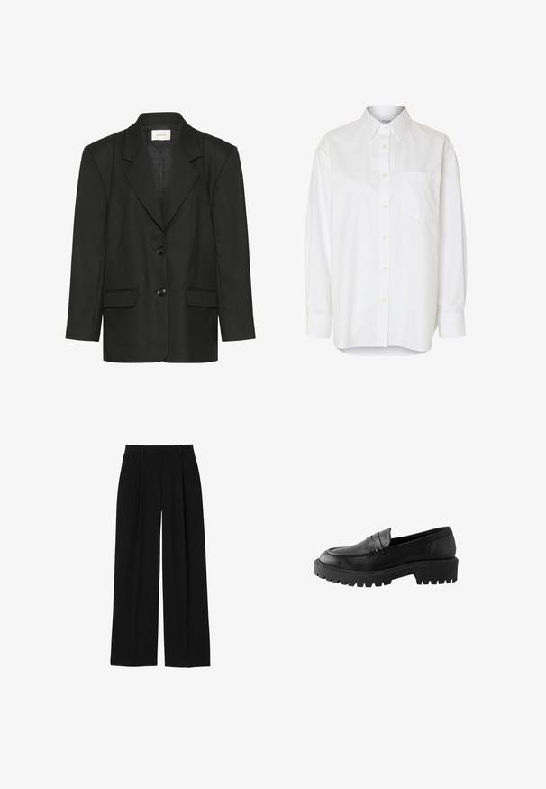 Sort blazer med skræddersyet pasform, spidse revers, to knapper og to forlommer, lavet af et glat, struktureret stof.; Hvid langærmet skjorte med knapper, spids krave og brystlomme, vist mod en ensfarvet baggrund.; Sorte bukser med høj talje og vidde i benene med bæltestropper og forreste presninger, vist på hvid baggrund.; Sort læder loafer med rund tå, hævet sømdetalje og kraftig gummisål med dybe riller for bedre greb.