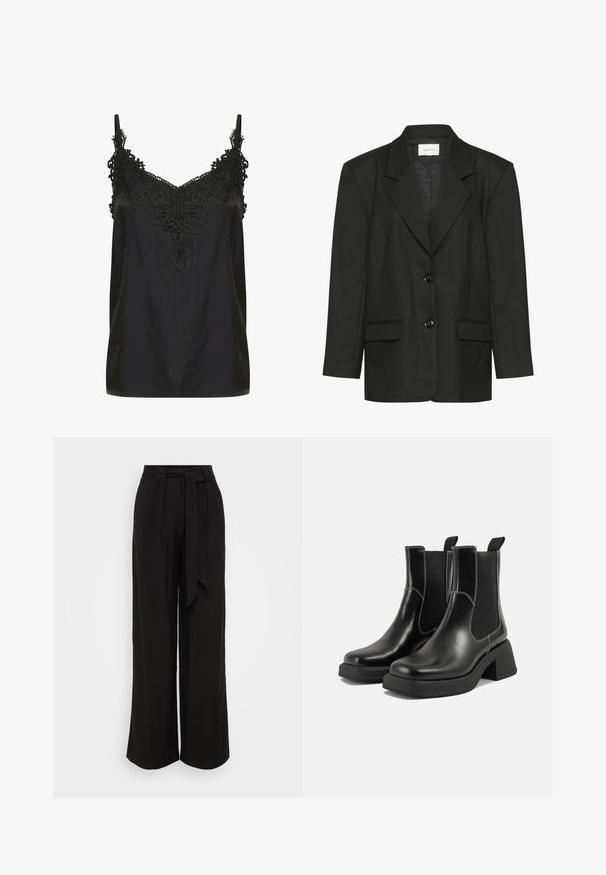 Schwarzer Blazer mit taillierter Passform, spitzen Revers, zwei Knöpfen und zwei Vordertaschen, gefertigt aus einem glatten, strukturierten Stoff.; Schwarzes Top mit V-Ausschnitt und filigranen Spitzenverzierungen am Kragen. Mit Spaghetti-Trägern und einem glatten, leichten Stoff.; Schwarze, weit geschnittene Hose aus glattem Stoff, mit hoher Taille, einem Bindegürtel und Falten für einen maßgeschneiderten Look.; Schwarze Leder Chelsea-Stiefel mit einem klobigen Absatz, elastischen seitlichen Einsätzen und kontrastierendem weißen Nähten. Strukturierte Oberfläche.
