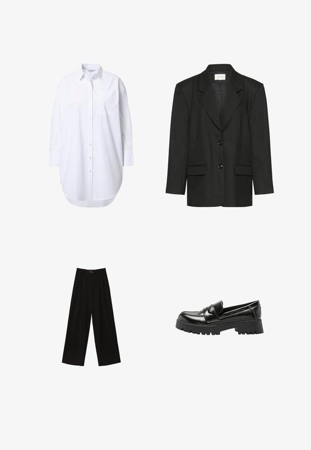 Sort blazer med skræddersyet pasform, spidse revers, to knapper og to forlommer, lavet af et glat, struktureret stof.; Overdimensioneret hvid skjorte med lange ærmer, spidst krave, forlommer og let buet nederkant.; Sorte brede bukser med høj talje, der har et bælte i taljen og plisseringer for tekstur. Fremstillet af et glat, letvægtsstof.; Sort læderloafer med kraftig rillede sål og lav blokhæl, med mok-tå og remdetalje over toppen.